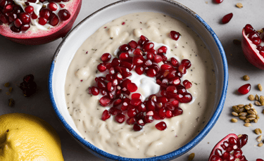 a bowl of mutabbal with pomegranate and yogurt