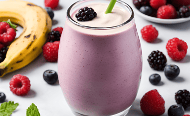 a smoothie with banana and berries and berries on a table