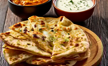 a plate of naan bread with a bowl of raita and chutney