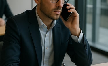 a man in a suit and glasses talking on a cell phone