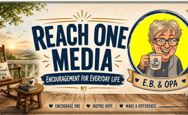 Caricature of E.B drinking coffee with Jesus on a beautiful porch in the country