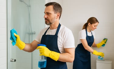 Pracownicy firmy sprzątającej dokładnie myją łazienkę podczas realizacji usługi sprzątania w Gdańsku i Trójmieście.
