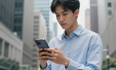 Photography of a young professional in a North American city center, holding a modern smartphone, natural daylight, soft bokeh, sophisticated urban atmosphere, with colors reflecting blue and light gray palette.