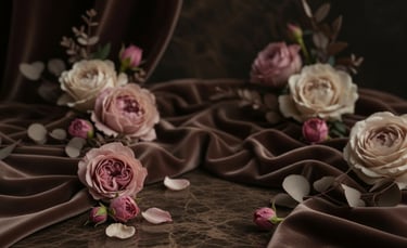Elegant pink and cream roses arranged on draped brown velvet fabric and marble.
