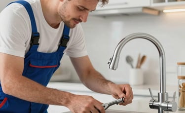 A professional plumber in a clean uniform using high-quality tools to repair a modern kitchen sink faucet. The scene is bright and professional, set in a contemporary Western European / French kitchen with soft natural light.