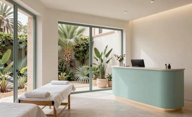 Interior of a modern wellness center. Minimalist furniture, large windows showing lush Mediterranean plants, off-white walls, and light teal accents. A clean, airy reception area in Mallorca, Southern European / Spanish style.