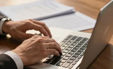 A close-up of a Brazilian lawyer's hands typing on a laptop with an open legal file beside it, golden hour light hitting the mahogany desk, creating a warm and professional feeling.