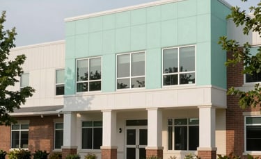 Clean, architectural photography of a modern community building exterior in Okemos, Michigan. Surrounded by greenery and Soft Mint and Off-white accents.