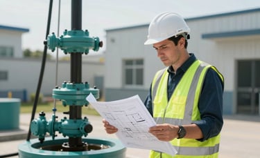 A professional water engineer in a high-visibility vest reviewing a technical blueprint next to a modern borehole abstraction system, International / Professional setting, bright daylight, clean and modern composition with accents of muted teal and dark teal.