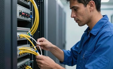A professional South American technician in a blue uniform inspecting fiber optic cables in a modern, clean server room with soft blue and white lighting, conveying efficiency and expertise.