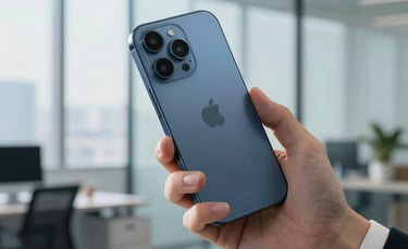 A sharp, close-up photograph of a professional in a modern North American office setting using a high-end smartphone. The background is softly blurred with cool blue and slate tones from a clean glass-walled workspace. Natural morning light creates a clean, professional atmosphere.