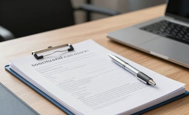 A professional desk setup in a bright South American office, high-quality pens and organized documents on a light wood desk, natural light, slate blue accents, professional photography.