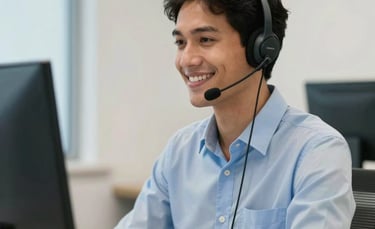 A professional South American / Brazilian customer service representative wearing a sleek headset, smiling warmly while working in a bright, modern office with soft light blue and off white walls. High-end equipment, professional lighting, clean and reliable atmosphere.