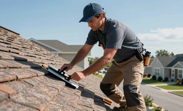Professional roofing expert in North American work attire conducting a detailed roof inspection on a sunny day at a modern suburban home. Clear blue sky, clean composition, bright natural lighting.