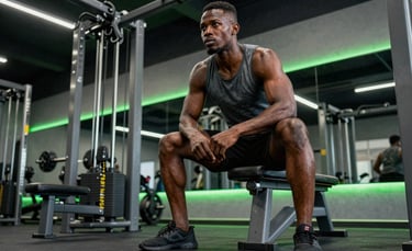 A powerful low-angle photograph of a personal trainer in a modern Abuja fitness studio, West African / Nigerian setting. The scene is illuminated with electric green neon accents against dark gray gym equipment, capturing a moment of intense focus and discipline.
