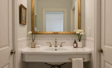 Baño clásico y elegante con lavabo blanco, espejo grande con marco dorado y detalles florales.