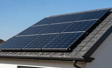 A close-up, high-angle view of sleek, modern black solar panels installed on the roof of a contemporary North American home. The sky is a clear, bright blue, and the sunlight glints off the tempered glass, conveying efficiency and clean energy.