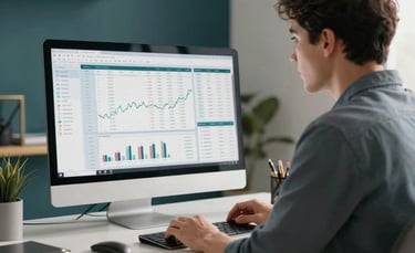 A focused professional in a modern North American / US home office, viewing financial data on a sleek monitor. The room is filled with soft morning light, featuring minimalist decor with deep teal and gold accents, conveying trust and clarity.