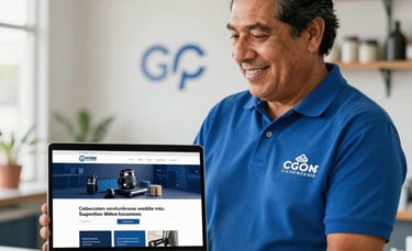 A professional photography of a Mexican local business owner smiling while showing their new website on a modern laptop in a clean, bright workshop environment. Natural lighting, blue and white tones to match the brand.