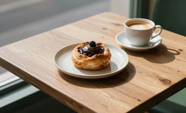 A high-angle shot of a minimalist Scandinavian-style cafe table in a European city, featuring a ceramic plate with a local pastry, a cup of coffee, and soft morning light hitting a rustic wooden surface with deep green accents.