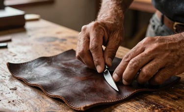 Close-up photography of a South American craftsman's hands precisely cutting high-quality dark brown leather on a rustic wooden workbench in a Vacaria workshop. Natural light from a side window highlights the texture of the grain. Sophisticated and traditional atmosphere.