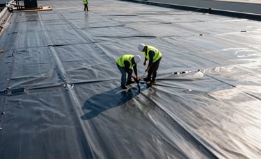 A professional wide-angle photograph of a large-scale commercial roof repair in progress in a North American / US industrial setting. Workers in high-visibility safety vests and helmets are inspecting a gray thermoplastic polyolefin membrane roof on a massive warehouse. The lighting is bright and clear, emphasizing industrial strength and professional safety standards. Colors include dark blue and metallic gray.