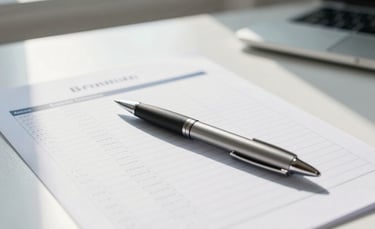 A clean, minimalist photograph of a high-quality pen resting on a professional audit checklist on a bright white desk in a sunlit Brenham, Texas office. Soft morning light, reflecting a precise and professional atmosphere with a palette of white and soft blue.