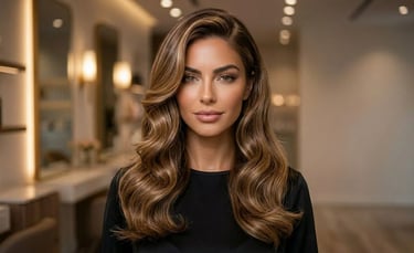 Hollywood glam blowout hairstyle with deep side part, soft waves, and red carpet luxury fashion aest