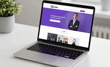 A sleek, minimalist laptop on a clean white desk in a bright European startup office. The screen displays a modern, professional one-page landing page with purple accents. Soft, natural daylight and a minimalist plant nearby.