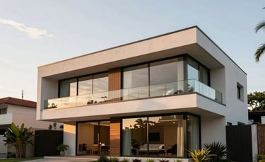 A wide-angle, eye-level photograph of a modern Brazilian house with large glass windows and clean architectural lines, captured during the golden hour under a bright sky. The setting is a quiet, upscale neighborhood in South America, emphasizing security and success.