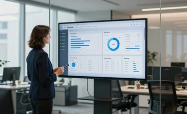 Close-up of a user interacting with the AiCore Desk on a laptop in a modern office setting.