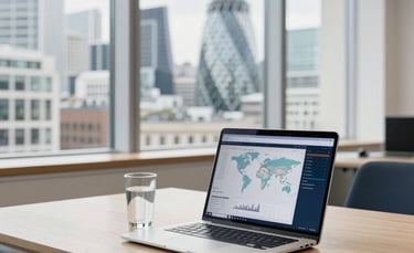A bright, modern office in London with large windows overlooking the city. A clean wooden desk features a high-end laptop showing global trade maps and a glass of water. Professional, trustworthy atmosphere with off-white and navy color tones.