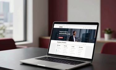 A high-end, modern office in a South Asian urban setting. A sleek laptop sits on a matte black desk displaying a clean, professional web development interface. The room has soft natural light, white walls, and elegant deep red accents in the decor.