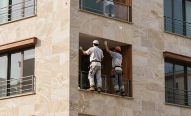 A close-up photograph of a modern residential building facade in a upscale Brazilian neighborhood. Skilled workers in clean professional uniforms are performing maintenance on high-quality stone cladding. The lighting is bright afternoon sun, reflecting off polished surfaces. The composition is clean and architectural, highlighting the contrast between beige stone and dark wood accents. The mood is professional and precise.