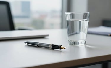 A close-up of a high-end, minimalist desk setup in a North American corporate office, featuring a sleek fountain pen and a glass of water, with soft natural light coming from a window overlooking a blurred cityscape, conveying a sense of quiet professionalism and deep focus.
