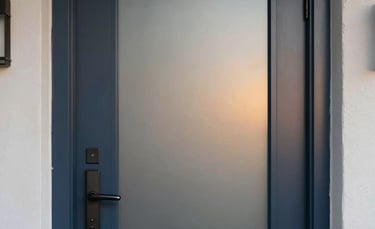 A close-up photograph of a modern steel entry door with minimalist frosted glass panels, set in the entryway of a contemporary North American home. The lighting is the soft, warm glow of sunset, highlighting the smooth dark blue texture of the door. The composition is clean and architectural.