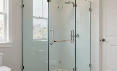 A wide shot of a bright, modern bathroom modification in a North American home. The image features a seamless, curb-less glass shower and brushed metal grab bars. Professional architectural photography, clean lines, soft natural light, palette of slate blue and off-white.