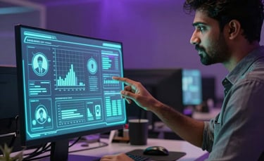 A high-end photography of a modern agency workspace in Mumbai, South Asian professional interacting with a glassmorphism holographic interface showing social media analytics, ambient lighting in deep purple and neon cyan, premium tech atmosphere.