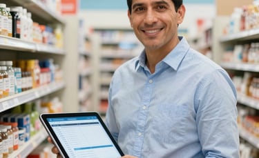 A Latinoamericano / Hispano business owner in a brightly lit modern minimarket, holding a digital tablet with a clean administrative software interface. The background shows organized shelves and off-white and soft blue interior design, creating a confident and professional atmosphere.