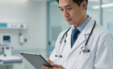 A focused North American / US doctor in a modern hospital setting, using a tablet to review patient records. The lighting is clean and bright, with soft white and steel blue tones in the background architecture.