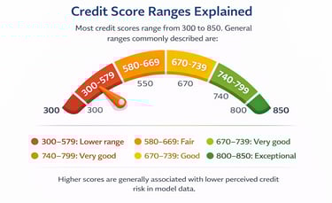 Infographic showing credit score ranges from poor to exceptional on a colorful gauge meter.