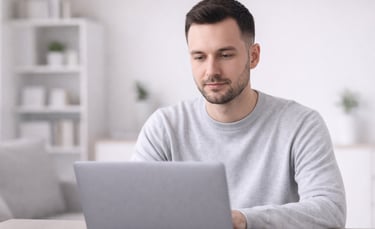 Person calmly reviewing information on a screen representing understanding of credit data systems