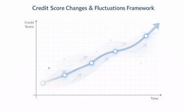 A line graph showing a credit score framework with a rising blue arrow indicating score fluctuations over time.