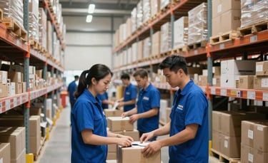 A professional logistics warehouse interior, exceptionally clean and organized with high-bay shelving, bright natural light, staff in royal blue uniforms focused on parcel sorting, international modern setting.