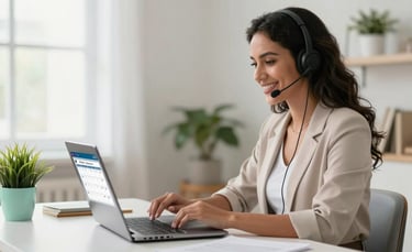 A professional female virtual assistant in a bright, modern South American / Brazilian home office, wearing a headset and smiling while looking at a laptop screen displaying a healthcare calendar. Professional lighting, clean desk with a small plant and light mint accents.
