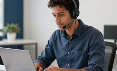 A professional South American person wearing a modern headset, working at a clean white desk with a laptop in a bright, modern office in Brazil. The setting is professional and efficient, featuring soft natural lighting and subtle navy blue and white accents in the decor.