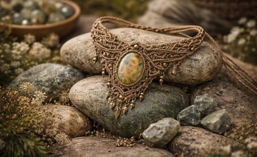 Collar de macramé estilo bohemio con piedra natural, reposando sobre piedras de río