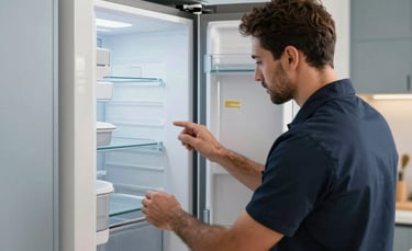 Professional technician in a modern Dubai kitchen, inspecting a premium refrigerator. Bright, clean interior with white and light gray-blue cabinets. High-end appliance focus. Middle Eastern / Gulf home setting. Soft, natural daylight. Professional and expert atmosphere.