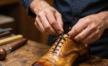 Close-up of an expert cobbler in a Portuguese atelier, carefully hand-polishing a pair of classic leather oxford shoes. The scene is lit with warm, soft light, highlighting the textures of high-quality leather and traditional tools. The color palette features antique gold and deep navy tones, projecting craftsmanship and timeless quality.