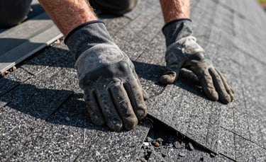 A close-up photograph of a professional roofer's gloved hands precisely replacing damaged asphalt shingles on a residential roof in North American / US / New Jersey. The scene is illuminated by bright afternoon sunlight, highlighting the texture of the high-quality dark gray shingles and the craftsman's attention to detail.